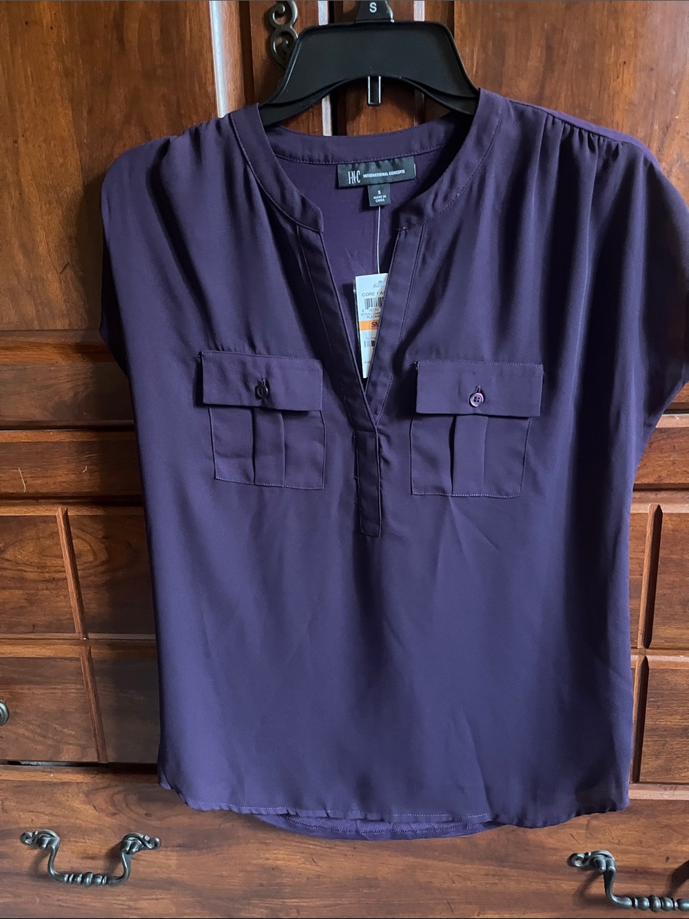 INC International Concepts Deep Purple Split-Neck Pocket Blouse